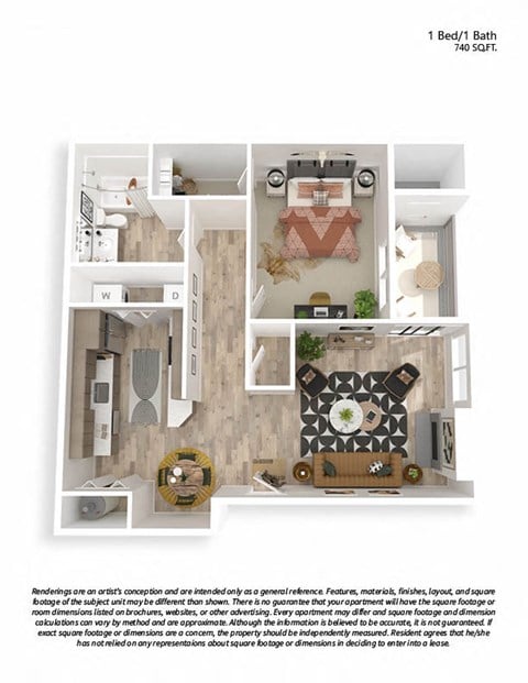 Floor plan for 1 bed, 1 bath, 740 sqft